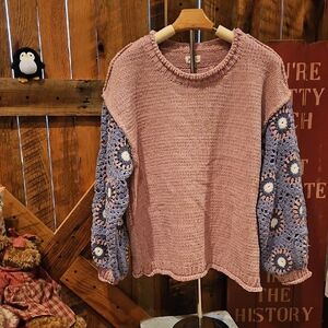 POL Pink Sweater with Blue Crochet Sleeves
